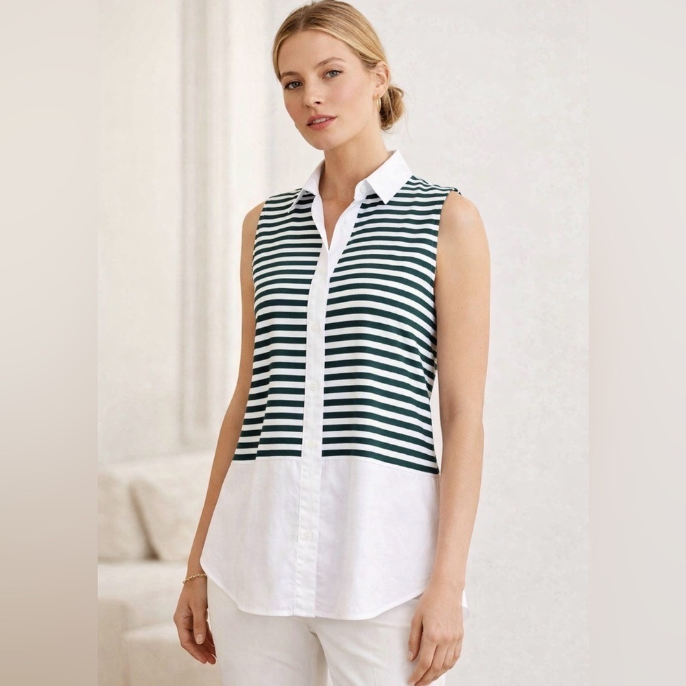 NEW! Lafayette 148 Striped Button Front Sleeveless Shirt Top Green White SZ S